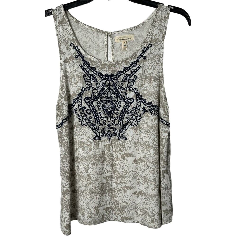 Anthropologie Between Me & You Women's Beige Blue Top Embroidered Peephole Small